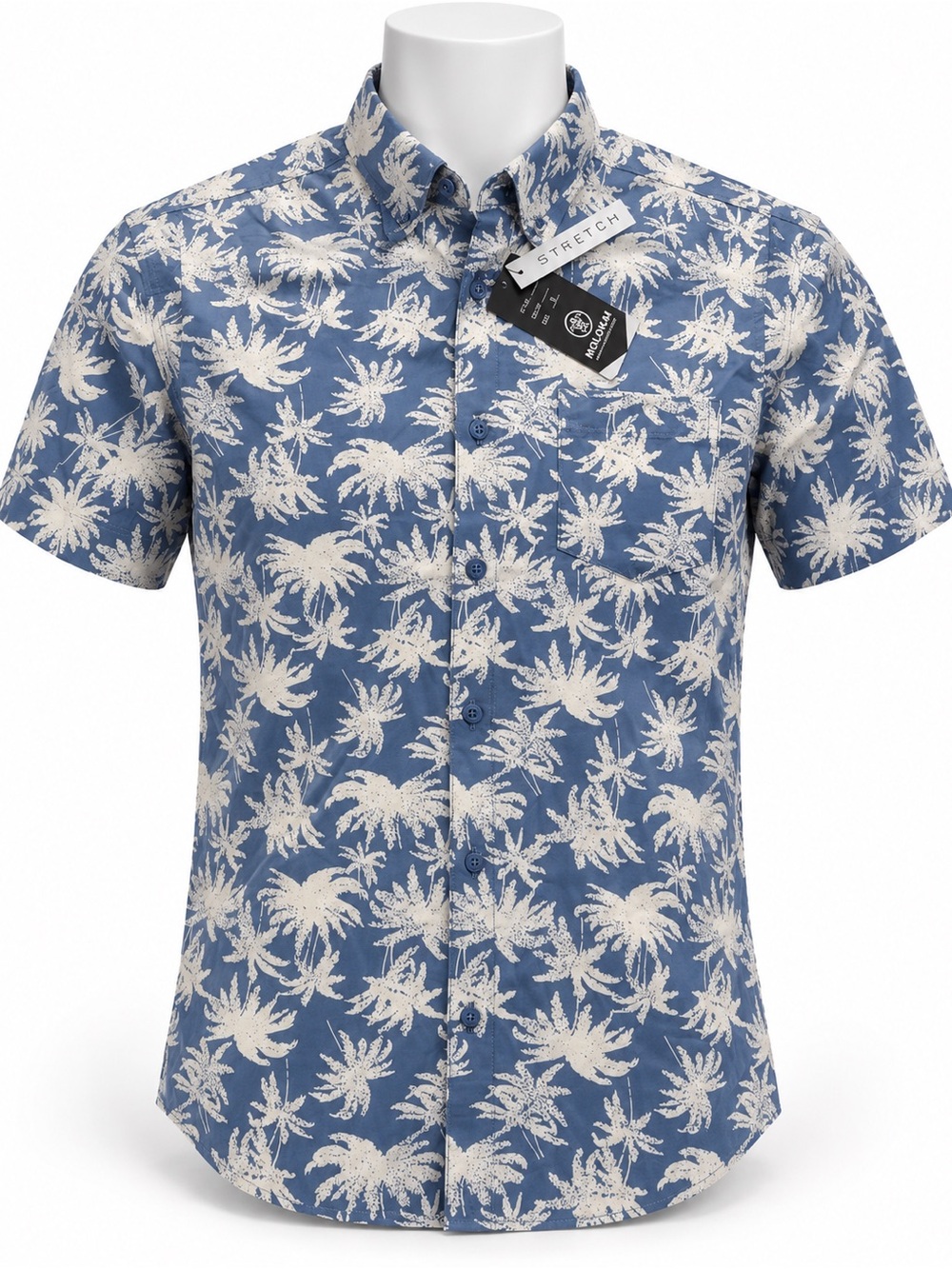 Mens Small Blue Palm Tree Stretch Short Sleeve Button Up NWT